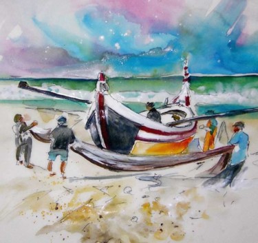 Painting titled "Fishermen in Praia…" by Miki De Goodaboom, Original Artwork, Oil