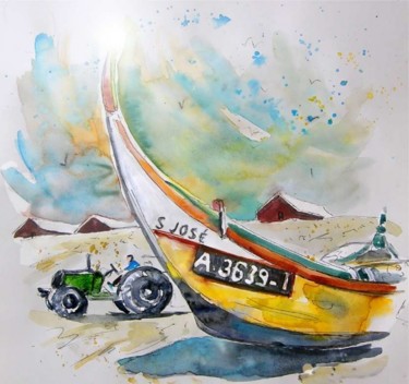 Painting titled "Fisherboat in Praia…" by Miki De Goodaboom, Original Artwork, Oil