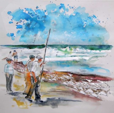 Malerei mit dem Titel "Fishermen in Praia…" von Miki De Goodaboom, Original-Kunstwerk, Öl