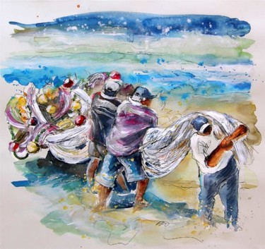 Malerei mit dem Titel "Fishermen in Praia…" von Miki De Goodaboom, Original-Kunstwerk, Öl