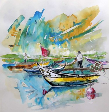 Malerei mit dem Titel "Boats in Torreira" von Miki De Goodaboom, Original-Kunstwerk, Tinte