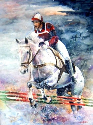 Painting titled "Horse Jumping" by Miki De Goodaboom, Original Artwork, Watercolor