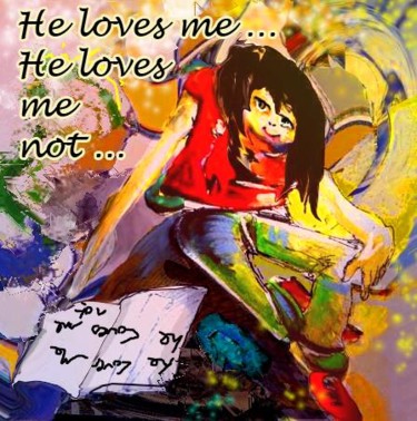 Malerei mit dem Titel "He Loves Me, he Lov…" von Miki De Goodaboom, Original-Kunstwerk, Öl