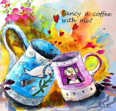 Painting titled "Fancy a Coffee" by Miki De Goodaboom, Original Artwork, Oil