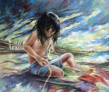 Painting titled "Tahitian Boy with K…" by Miki De Goodaboom, Original Artwork, Oil