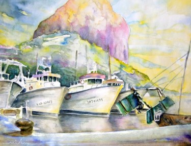 Painting titled "Boats in Calpe 01" by Miki De Goodaboom, Original Artwork, Oil