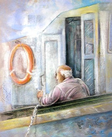 Malerei mit dem Titel "Old Fisherman smoki…" von Miki De Goodaboom, Original-Kunstwerk, Öl