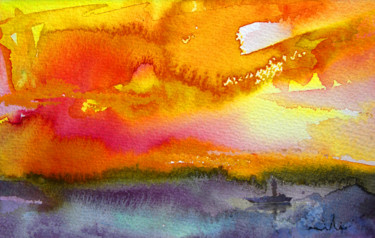 Painting titled "Sunset 02" by Miki De Goodaboom, Original Artwork, Watercolor