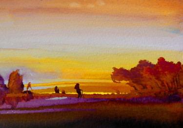 Painting titled "Sunset 07" by Miki De Goodaboom, Original Artwork, Watercolor