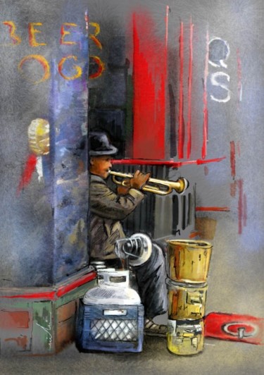 Pintura intitulada "Street Musician in…" por Miki De Goodaboom, Obras de arte originais, Óleo