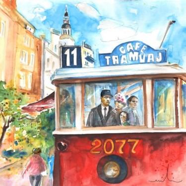 Painting titled "Cafe Tramway in Pra…" by Miki De Goodaboom, Original Artwork, Oil
