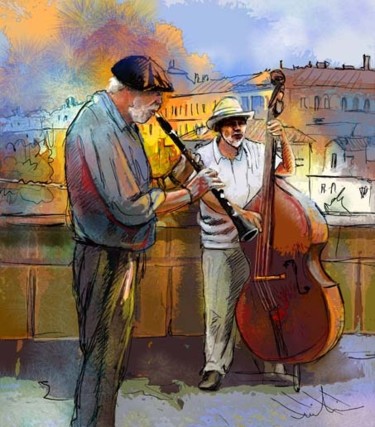 Painting titled "Street Musicians in…" by Miki De Goodaboom, Original Artwork, Oil