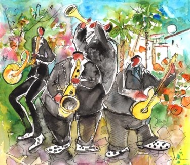 Pintura intitulada "Street Musicians in…" por Miki De Goodaboom, Obras de arte originais, Óleo