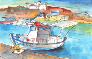 Painting titled "Boat in Agia Galini…" by Miki De Goodaboom, Original Artwork, Watercolor