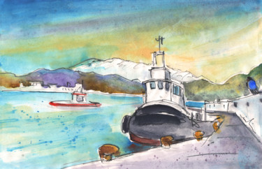 Painting titled "Boat in Agia Galini…" by Miki De Goodaboom, Original Artwork, Watercolor