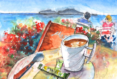 Painting titled "Coffee Break in Agi…" by Miki De Goodaboom, Original Artwork, Watercolor
