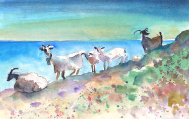 Картина под названием "Goats in Agia Galini" - Miki De Goodaboom, Подлинное произведение искусства, Акварель