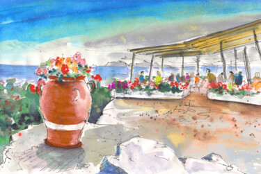 Painting titled "Cafe in Agios Georg…" by Miki De Goodaboom, Original Artwork, Watercolor