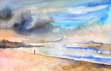Peinture intitulée "Beach in Lanzarote" par Miki De Goodaboom, Œuvre d'art originale, Aquarelle