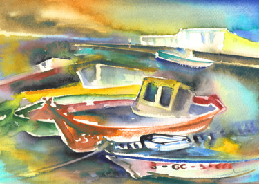 Painting titled "Boats in Lanzarote" by Miki De Goodaboom, Original Artwork, Oil