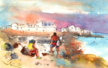 Painting titled "Caleta de Famara 01" by Miki De Goodaboom, Original Artwork, Watercolor