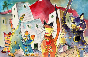 Картина под названием "Cat Town in Lanzaro…" - Miki De Goodaboom, Подлинное произведение искусства, Акварель