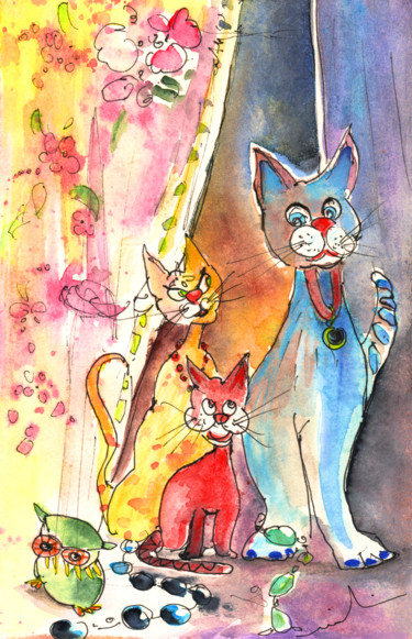 Malerei mit dem Titel "Cat and Owl" von Miki De Goodaboom, Original-Kunstwerk, Aquarell
