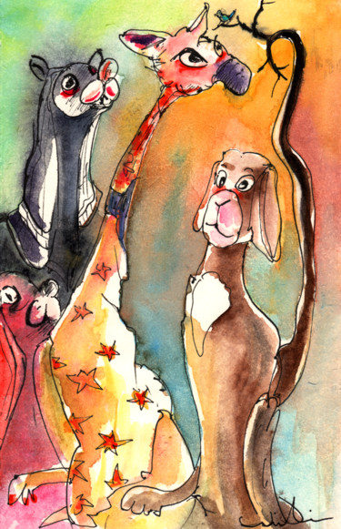 Painting titled "Dogs and Giraffe fr…" by Miki De Goodaboom, Original Artwork, Watercolor