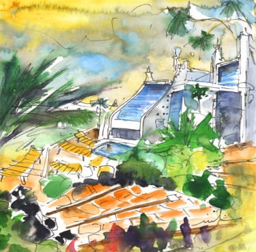 Pintura intitulada "Hotel in Playa Blan…" por Miki De Goodaboom, Obras de arte originais, Aquarela