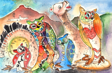Painting titled "Owls and Camel from…" by Miki De Goodaboom, Original Artwork, Watercolor