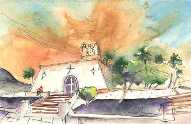 Schilderij getiteld "Playa Blanca Church" door Miki De Goodaboom, Origineel Kunstwerk, Aquarel