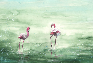Painting titled "Camargue Flamingos…" by Miki De Goodaboom, Original Artwork, Oil