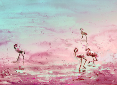 Картина под названием "Camargue Flamingos…" - Miki De Goodaboom, Подлинное произведение искусства, Масло