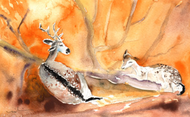Pintura titulada "Doe and Deer in Gra…" por Miki De Goodaboom, Obra de arte original, Oleo