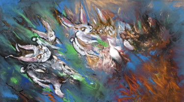 Картина под названием "White Rabbits on Th…" - Miki De Goodaboom, Подлинное произведение искусства, Масло