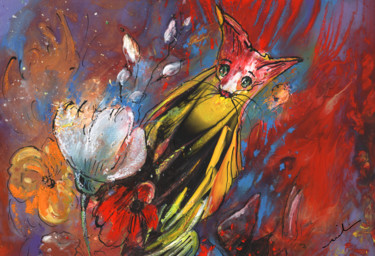 Painting titled "Tiger Cat in Flower…" by Miki De Goodaboom, Original Artwork, Oil