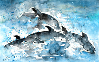 Painting titled "Dolphins in Gran Ca…" by Miki De Goodaboom, Original Artwork, Oil