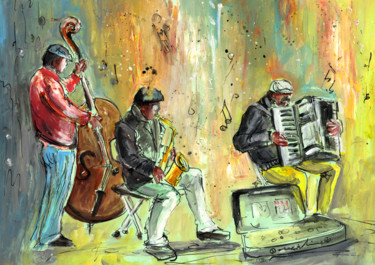 Pintura intitulada "Street Musicians in…" por Miki De Goodaboom, Obras de arte originais, Óleo
