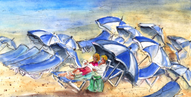 Painting titled "Umbrella Beach" by Miki De Goodaboom, Original Artwork, Oil