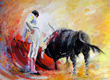 Pittura intitolato "Bull in Yellow Light" da Miki De Goodaboom, Opera d'arte originale, Olio