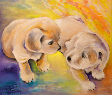 Painting titled "Two Puppies" by Miki De Goodaboom, Original Artwork, Acrylic