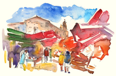Schilderij getiteld "Market in Palermo 01" door Miki De Goodaboom, Origineel Kunstwerk, Aquarel