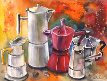 Schilderij getiteld "Italian Coffee Party" door Miki De Goodaboom, Origineel Kunstwerk, Aquarel