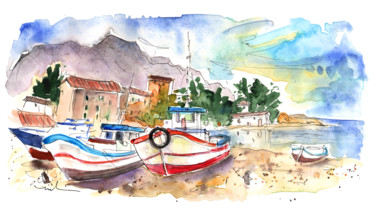 Pintura intitulada "Boats in Porticello…" por Miki De Goodaboom, Obras de arte originais, Aquarela