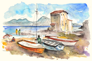 Malarstwo zatytułowany „Boats in Santa Elia” autorstwa Miki De Goodaboom, Oryginalna praca, Akwarela