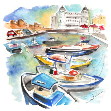 Malerei mit dem Titel "Boats in Siracusa 02" von Miki De Goodaboom, Original-Kunstwerk, Aquarell