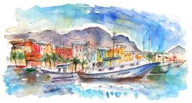 Pintura intitulada "Boats in Porticello…" por Miki De Goodaboom, Obras de arte originais, Aquarela