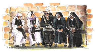 Ζωγραφική με τίτλο "Nuns in Noto" από Miki De Goodaboom, Αυθεντικά έργα τέχνης, Ακουαρέλα