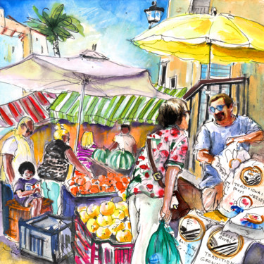 Peinture intitulée "Selling Jersey Pota…" par Miki De Goodaboom, Œuvre d'art originale, Aquarelle