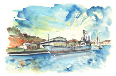 Malerei mit dem Titel "Warship in Cartagena" von Miki De Goodaboom, Original-Kunstwerk, Aquarell